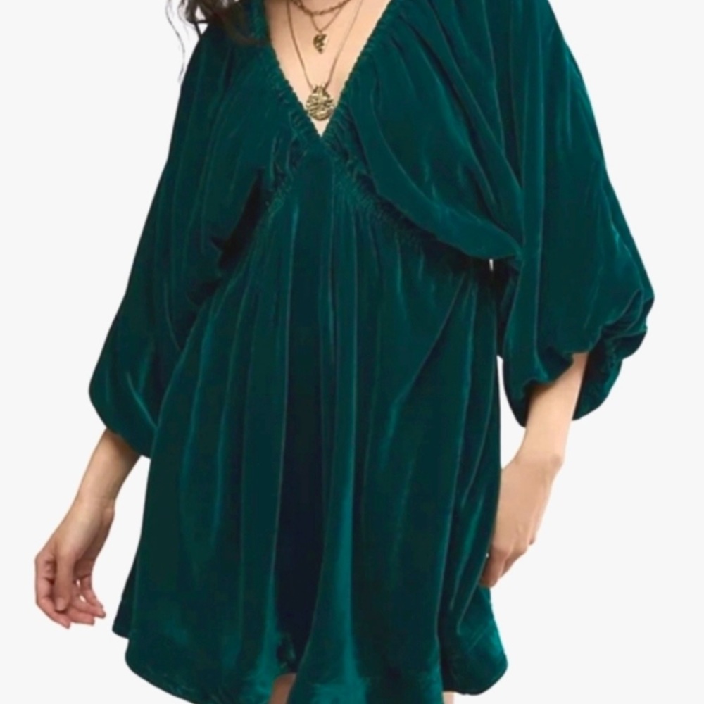 NWT Free People Portia Velvet Babydoll Emerald Green Minidress Size Medium